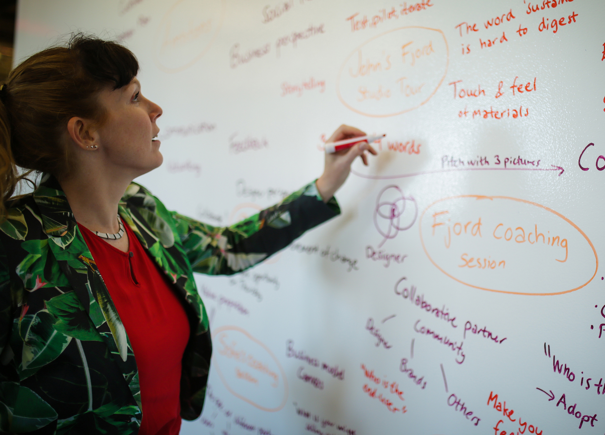 Aniela Hoitink — strategy session in her iconic tropical leaf jacket